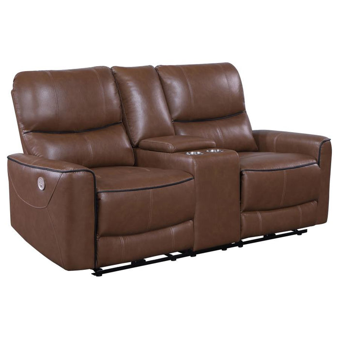 Greenfield Power Reclining Console Loveseat - Saddle Brown