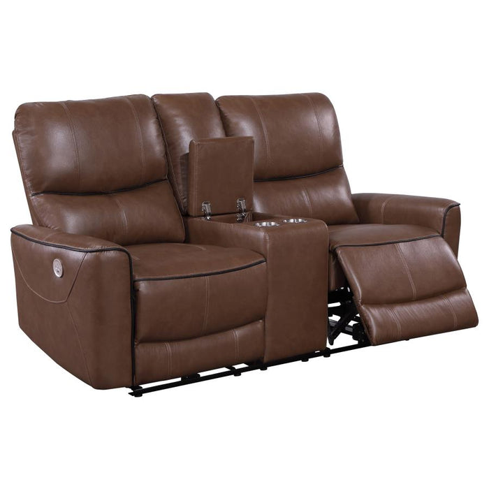 Greenfield Power Reclining Console Loveseat - Saddle Brown