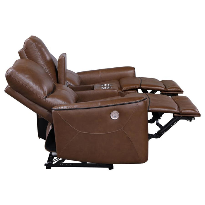 Greenfield Power Reclining Console Loveseat - Saddle Brown