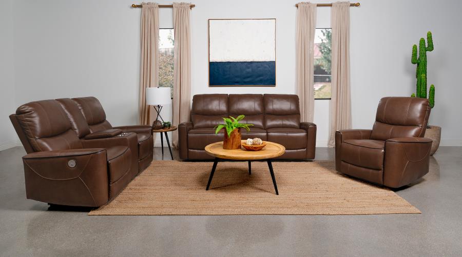 Greenfield Power Reclining Console Loveseat - Saddle Brown