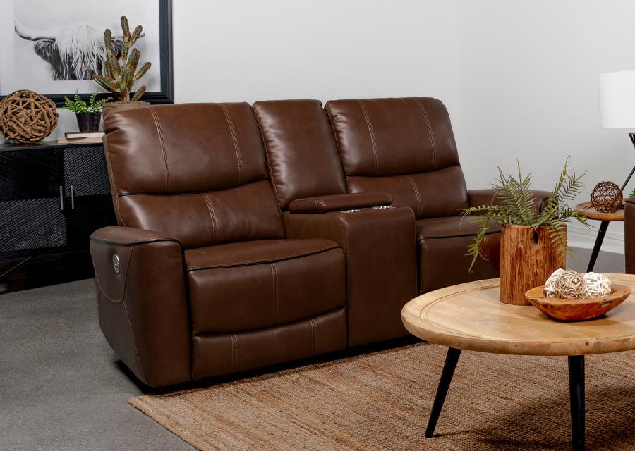 Greenfield Power Reclining Console Loveseat - Saddle Brown