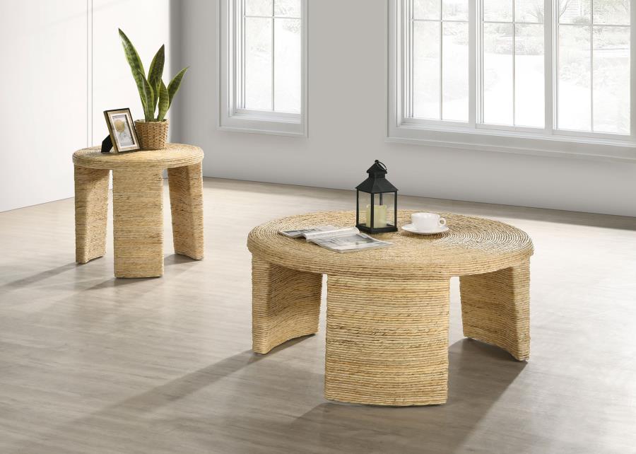 Artina Woven Rattan Round End Table - Natural Brown