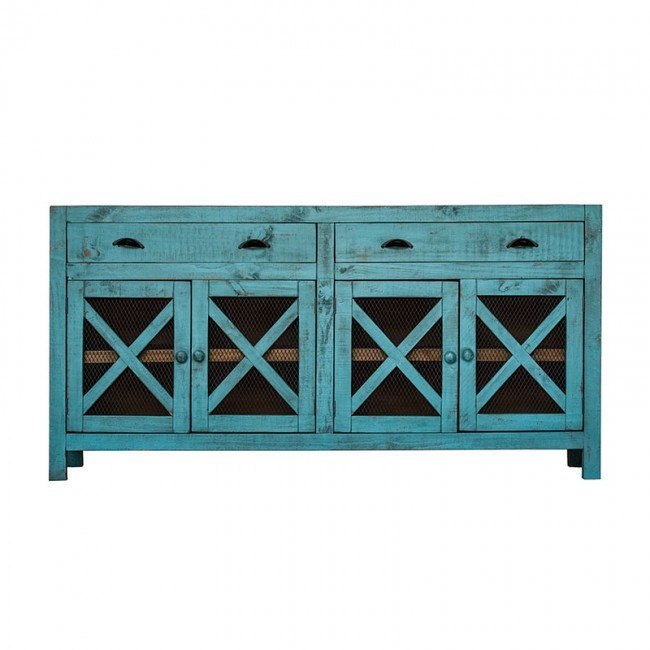 Bruno Accent Cabinet - Distressed Turquoise w/Dark Wood Top