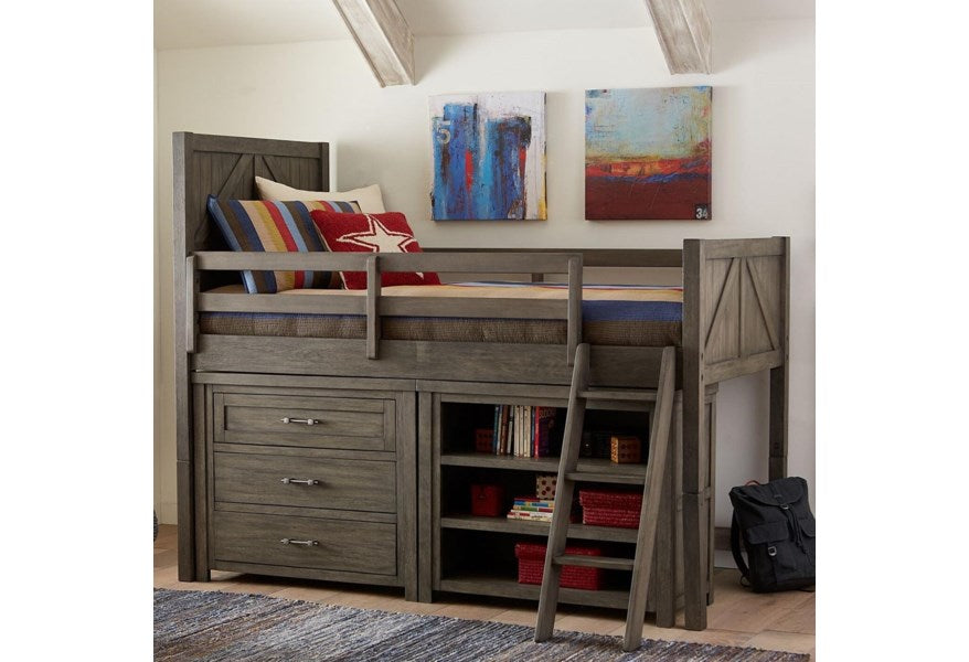 Bunkhouse Collection Twin Mid Loft Bed w/Chest & Bookcase