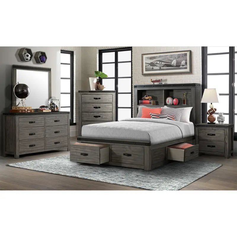 Wade Storage Bed w/Bookcase Headboard - Grey